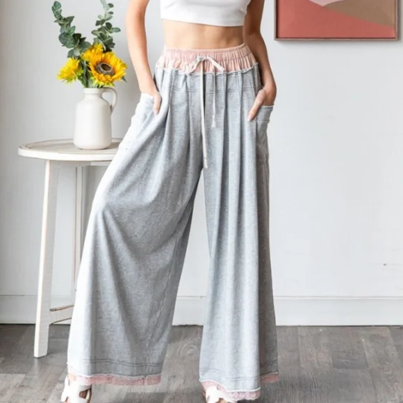 Oli & Hali Gray Wide Leg Lounge Pants with Pink Trim - Picture 2 of 8